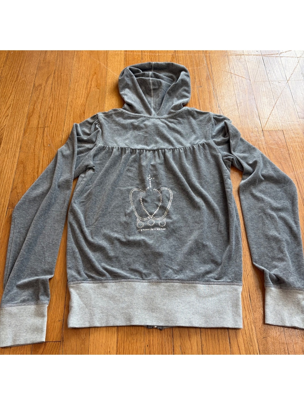Vintage Y2K bedazzled crown print zip up velour hoodie